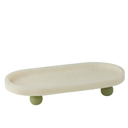 resin kip footed tray - ivory/pistachio statement piece decor displayed for interior styling.