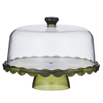 acrylic 2 in 1 dip / cake stand in deep olive green with matching domed lid, presented as a decorative serving piece.