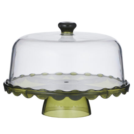 acrylic 2 in 1 dip / cake stand in deep olive green with matching domed lid, presented as a decorative serving piece.