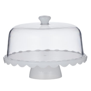 acrylic 2 in 1 dip / cake stand in clean white with matching domed lid, presented as a decorative serving piece.