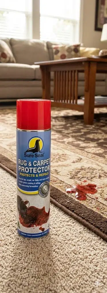 Sure Seal Rug and Carpet Protector aerosol can positioned on a carpeted floor