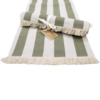 Chambray Stripe Cotton Table Runner Olive Stripe rolled out on a white surface