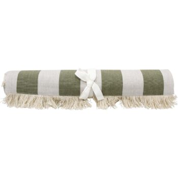 Chambray Stripe Cotton Table Runner Olive Stripe rolled up on a white surface
