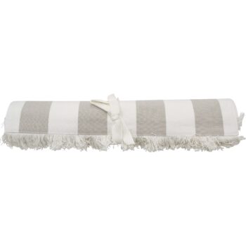 Chambray Stripe Cotton Table Runner Natural Stripe rolled up on a white surface