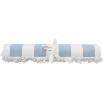Chambray Stripe Cotton Table Runner Blue Stripe rolled up on a white surface