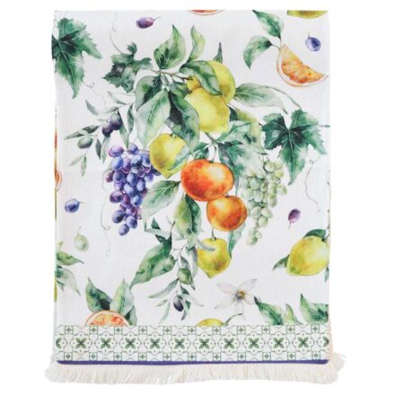 Mediterranean Polyester Table Runner folded flat displaying the watercolor citrus and fruit botanical pattern