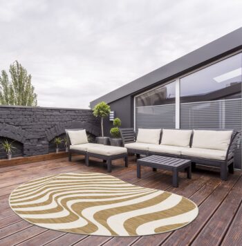 Terrazzo Shapes Bean Outdoor Poly Rug 200x290cm in Jute finish top-down view