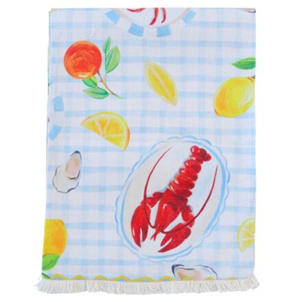 Polyester Table Runner 180cm Lobster with blue gingham and citrus print styled on a white table