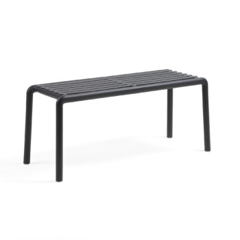 Nardi Doga Outdoor Bench in UV stabilised resin with contemporary slatted design, available in six colours for stylish outdoor seating.