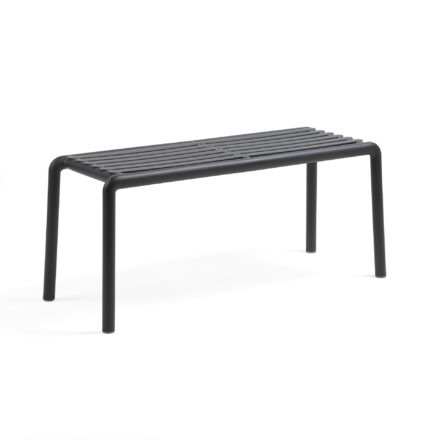 Nardi Doga Outdoor Bench in UV stabilised resin with contemporary slatted design, available in six colours for stylish outdoor seating.
